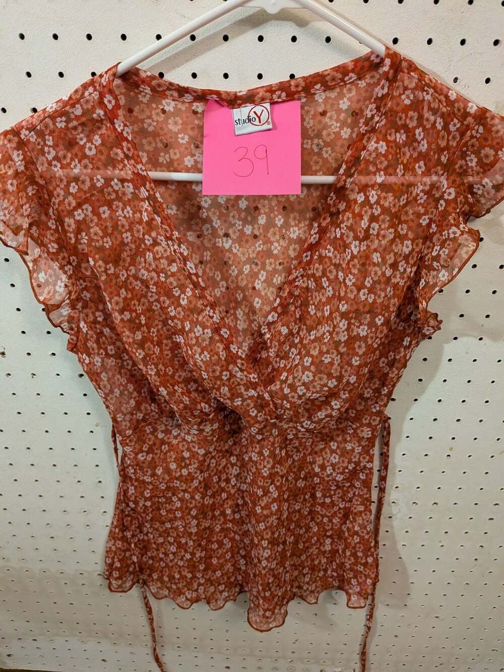 Studio Y Red Ditsy Floral Flutter Sleeve V-Neck Blouse
